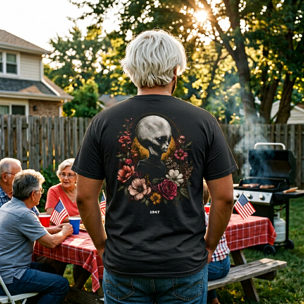 Roswell 1947 Alien Tee — Vintage Floral UFO T-Shirt
