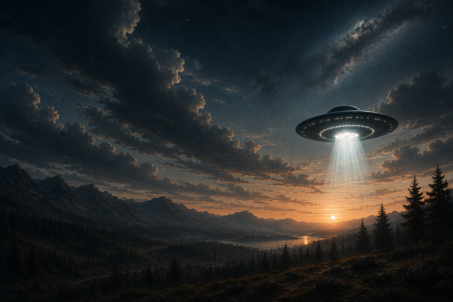 UFO hovering over a mountainous landscape with a sunset or sunrise